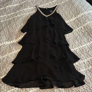 SLNY Black Ruffle Mini Dress with Gold Trim
